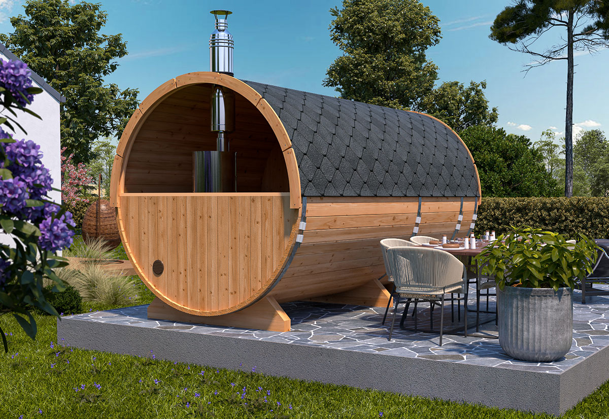 barrel sauna l with terrace | fasssauna mit vorraum l barrel sauna l with terrace | fasssauna mit vorraum l