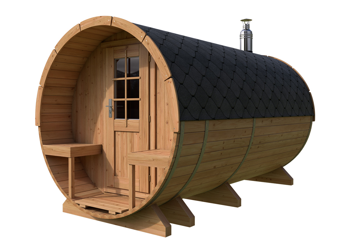 barrel sauna l with terrace | fasssauna mit vorraum l | g0372 barrel sauna l with terrace | fasssauna mit vorraum l | g0372