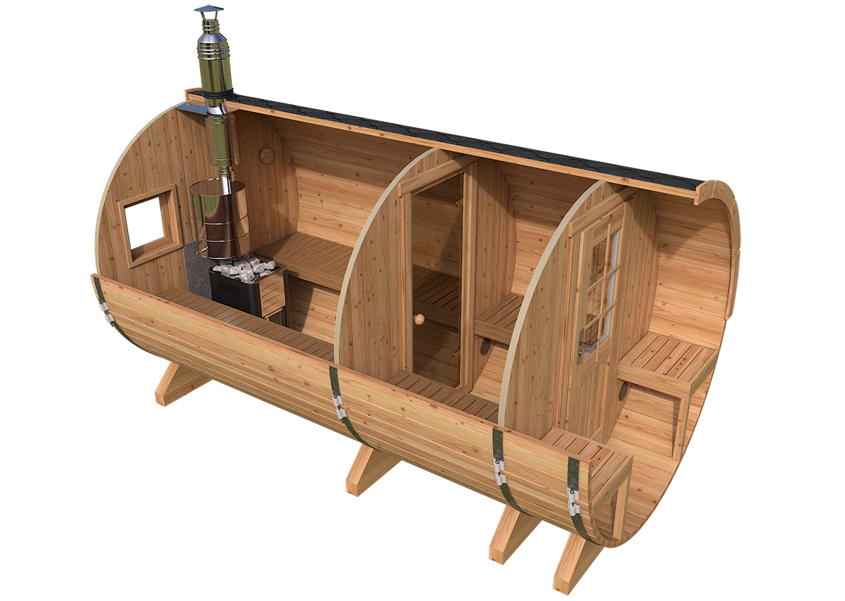 barrel sauna l with terrace | fasssauna mit vorraum l | g0372 barrel sauna l with terrace | fasssauna mit vorraum l | g0372