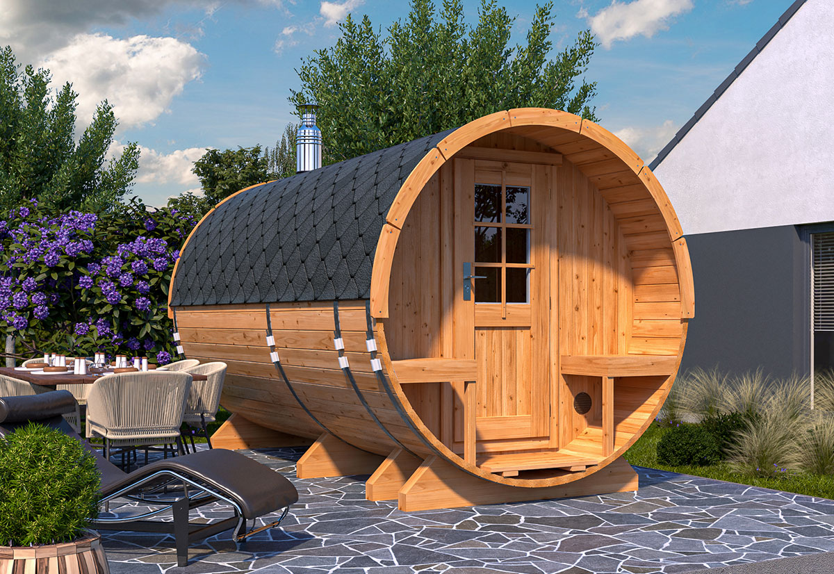 barrel sauna l with terrace | fasssauna mit vorraum l barrel sauna l with terrace | fasssauna mit vorraum l