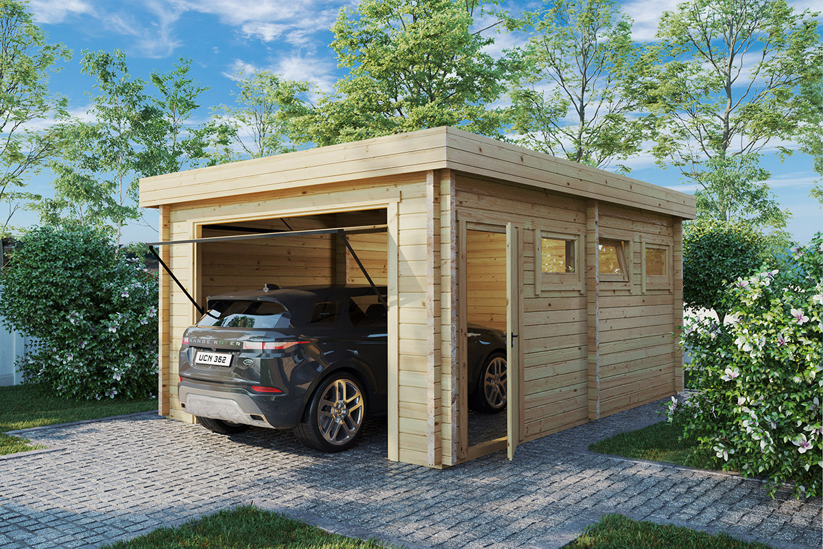 garage en bois hansa c à porte basculante / 70mm / 4 x 5,5 m garage en bois hansa c à porte basculante / 70mm / 4 x 5,5 m