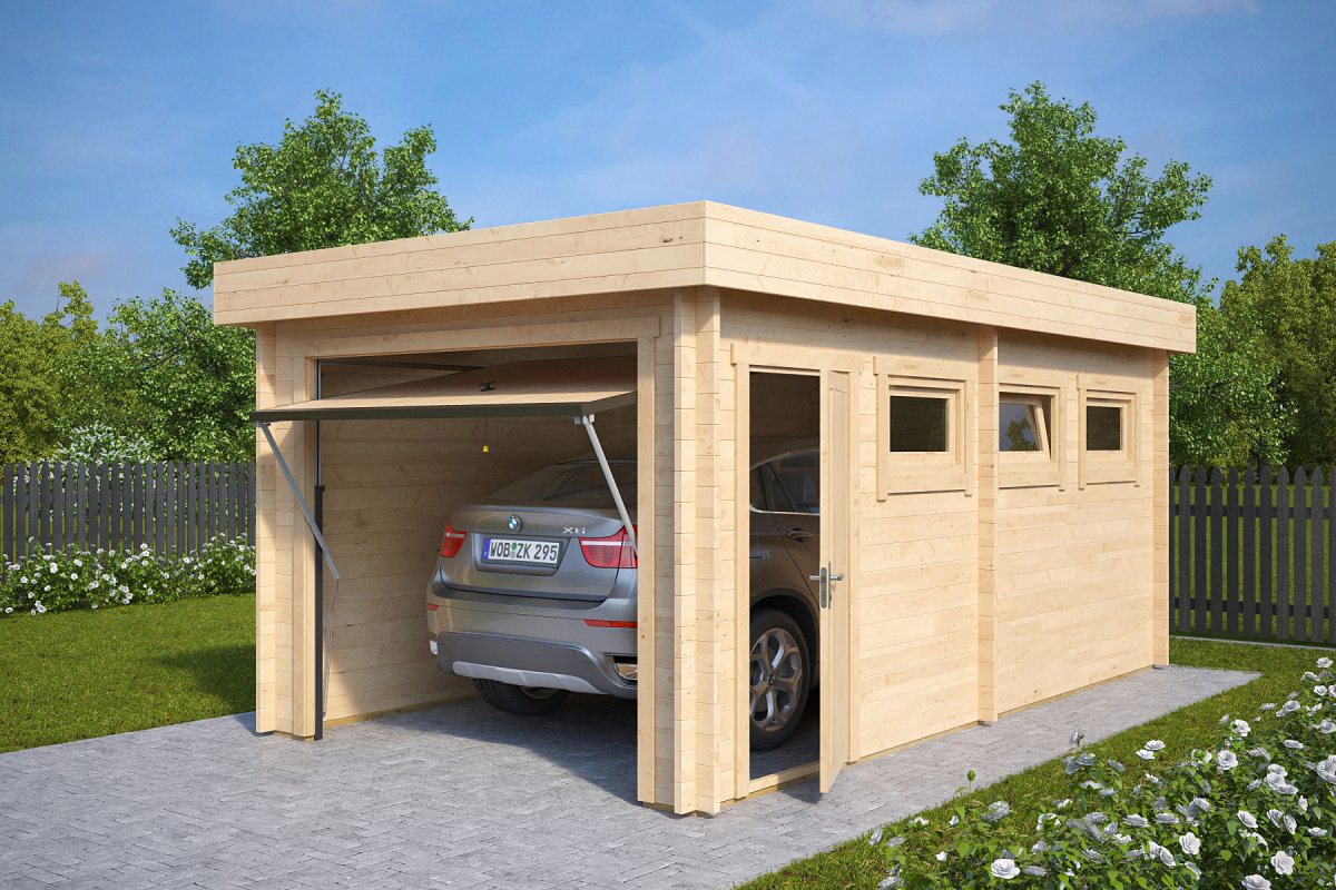 garage en bois hansa c à porte basculante / 70mm / 4 x 5,5 m garage en bois hansa c à porte basculante / 70mm / 4 x 5,5 m