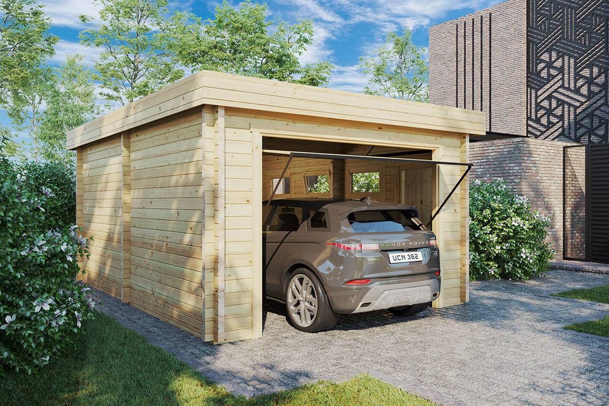 garage en bois hansa c à porte basculante / 70mm / 4 x 5,5 m garage en bois hansa c à porte basculante / 70mm / 4 x 5,5 m