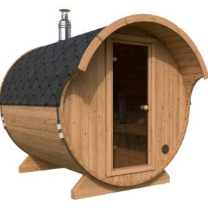 kleine fasssauna mit vordach | small barrel sauna with canopy |