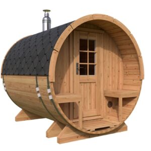 kleine fasssauna mit terrasse | small barrel sauna with terrace
